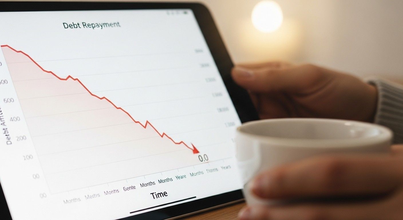 A downward trend path ending at zero representing successful debt clearance.